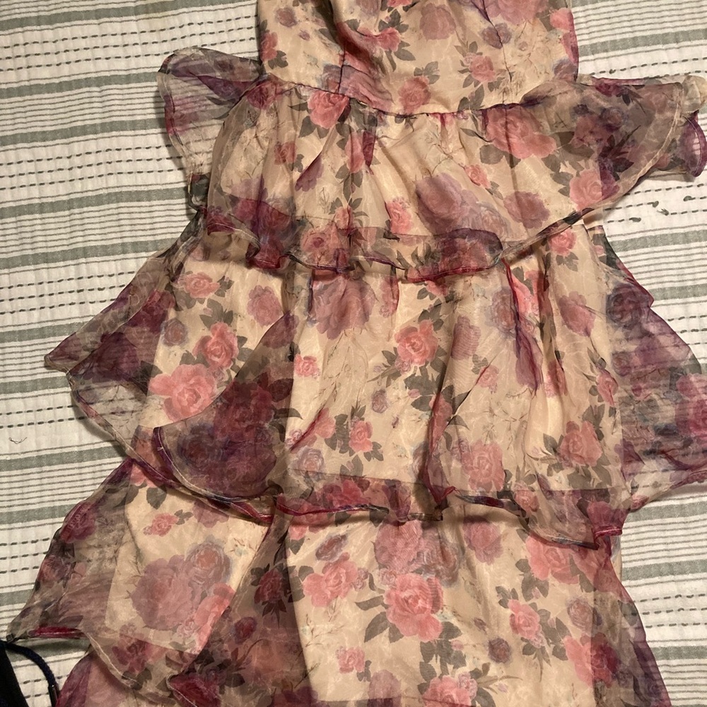 Tiered Floral Midi Dress in Pink Rose